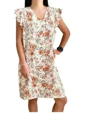 Joie Linen Ruffle Floral Shift Large Boho Cottage Dress #180 Feminine